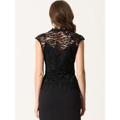 These feminine shrug tops with floral crochet lace fabric, and elegant see-through design, can make you more charming and attractive. The hollow-out crochet lace shrug featuring cap sleeves can show your curves and perfect arm line. Perfect for daily casual, office wear, wedding guests, cocktail parties, evening, or anywhere. Pair it with the casual sleeveless cami top or elegant spaghetti strap dress for a cocktail party. Elegant Black Top With Lace Bodice, Elegant Party Top With Crochet Lace, Elegant Black Lace Top, Fitted Lace Top For Evening, Fitted Lace Top With Short Sleeves For Evening, Party Lace Patchwork Blouse, Party Lace Blouse With Lace Patchwork, Elegant Fitted Crochet Top With Lace Patchwork, Party Blouse With Lace Patchwork