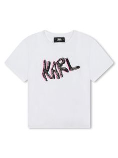 white/multicolour cotton blend stretch-jersey logo print to the front logo print to the rear sequin embellishment round neck short sleeves straight hem Karl Lagerfeld Tshirt, Sailor Shoes, Karl Lagerfeld Kids, Things I Need To Buy, Sequin Embellishment, Burberry Kids, Dolce And Gabbana Kids, Jersey Logo, Swag Outfits For Girls