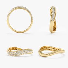 four different types of gold rings with diamonds on each side and an open ring in the middle