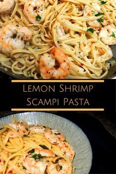 lemon shrimp scampp pasta in a skillet