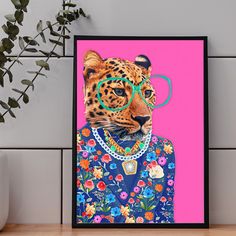 a painting of a leopard with glasses on it's head, wearing a floral shirt