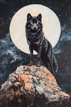 a painting of a black wolf sitting on top of a rock with the moon in the background