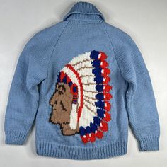 Vintage Hand Knit Wool Cowichan Siwash Jacket Native American Chief (Rare, hard to find design) Approx Sz: Large (No tag, please see measurements) Condition: Overall excellent pre-owned condition. Zips up and down perfectly. Very thick, heavy weight knit. Smoke free home. Pet friendly home. Rare find at this size. Approx Measurements Pit to Pit 19"  Collar to Bottom 28"  Pit to end of Sleeve 17" Fitted Wool Outerwear With Jacquard Knit, Fitted Wool Jacquard Knit Outerwear, Casual Wool Hand Knitted Outerwear, Vintage Wool Outerwear With Crew Neck, Vintage Wool Crew Neck Outerwear, Fitted Cotton Knit Outerwear, Retro Knitted Wool Outerwear, Retro Wool Knitted Outerwear, Vintage Knit Outerwear With Crew Neck