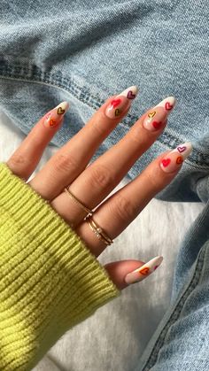 Nail Designs Each Nail Different, Cool Aesthetic Nails, Mail Inspo Design, Trendy Manicure Ideas, Aesthic Nail Ideas, Multi Colored Heart Nails, Spring Edgy Nails, Funky Tips Nails, Fun Trendy Nails