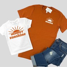 Mama and Mama's Sunshine Shirts make the cutest matching set for Moms to match with Sons or Daughters! These shirts would make the cutest Mother's Day gift!  Professionally screen printed on super soft unisex tees made of 100% ringspun cotton. Adult shirt color is Burnt Orange with white print. Kids shirt color is White with Burnt Orange print. In this listing you can purchase just 1 shirt or multiple shirts. Simply add each shirt to your cart one at a time by choosing the Design, Size, then Add Matching Mom And Son Shirts, Cute Summer T-shirt For Parenting, Matching Summer Cotton Tops, Summer Cotton Tops With Matching Style, White Short Sleeve Tops Matching Set, Matching Family Tops For Summer, Cute Cotton Tops Matching Set, Cute Cotton Tops With Matching Set, Mom And Son Matching Shirts