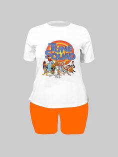 Cute Cartoon Print Tee Shirt Biker Shorts 2 Piece Set Casual Short Tops For Streetwear, Sporty Summer Tops With Cartoon Print, Cotton Cartoon Print Short Top, Short Cotton Top With Cartoon Print, Short Cotton Tops With Cartoon Print, Casual Short Tops With Cartoon Print, Casual Cartoon Print Shorts For Summer, Relaxed Fit Short Top For Streetwear, Casual Summer Shorts With Cartoon Print