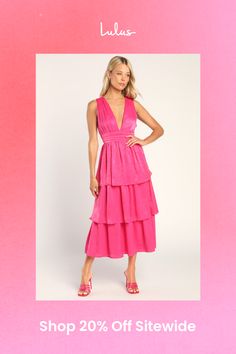 Be the best dressed at your next soiree in the Lulus Peak Party Vibe Hot Pink Satin Tiered Tie-Back Midi Dress! Sleek satin shapes this dress that has wide straps that flow into the gathered bodice and frame a plunging V-neckline (and back). A banded waist ties together at back and tops a flouncy, tiered midi skirt. Hidden back zipper/clasp. Fit: This garment fits true to size. Length: Mid-calf length. Size medium measures 48" from shoulder to hem. Bust: Great for any cup size. Waist: Fitted - v Tiered Maxi Dress For Prom Season, Tiered Midi Dress For Night Out, Chic Tiered Satin Dresses, Pink Satin Midi Dress For Wedding Guest, Glamorous Summer Party Satin Dress, Glamorous Satin Party Dress For Summer, Summer Satin Midi Dress For Dinner, Pink Satin Midi Dress For Dinner, Summer Midi Satin Dress For Dinner