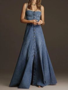 This A-line single breasted maxi denim dress from FZ is perfect for plus size women who want to stay comfortable and stylish. Made with high-quality vintage - FZwear Maxi Dress Holiday, Vestiti In Jeans, Denim Tank Dress, Vintage Denim Dress, Button Maxi Dress, Holiday Maxi Dress, Formal Occasion Dress, Denim Tank, Chic Maxi Dresses