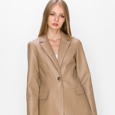 Tan Faux Leather Trenchcoat Sleek Leather Jacket For Spring Workwear, Spring Leather Long Coat For Work, Spring Workwear Leather Long Coat, Spring Long Leather Jacket For Work, Spring Workwear Long Leather Jacket, Career Outerwear With Hidden Button Closure For Fall, Career Outerwear With Lapel Collar For Spring, Spring Career Outerwear With Lapel Collar, Sleek Brown Outerwear For Work