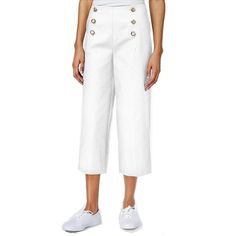 New With Tags. Has Some Stretch. 6 Nautical Buttons On The Front. Side Zip Closure. 97% Cotton 3% Spandex Size 10: Waist 16" Flat Across; Inseam 23" Size 12: Waist 17" Flat Across; Inseam 23" White Knee-length Capris For Spring, White Knee-length Spring Capris, White Knee-length Capris For Summer, White Capris For Summer, White Cotton Knee-length Pants, White Stretch Knee-length Pants, White Cotton Capris, White Stretch Wide Leg Capris, White Capri Bottoms For Summer