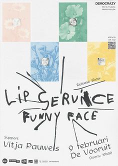 the poster for lip service funny face shows different colored squares and flowers on white paper