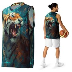 Looking for a basketball jersey that will take your game to the next level? Look no further! Made with recycled polyester fabric, this High-Tech Basketball Jersey/Tank Top Shirt with a Savage Tiger Design is designed to keep you cool and dry even in the heat of competition. Style it as a streetwear piece and turn heads both on and off the court. *  100% recycled polyester fabric *  Fabric weight: 4.7 oz/yd² (160 g/m²) *  Two-way stretch fabric *  Moisture-wicking material *  Regular fit *  UPF50 Sporty Sleeveless Jersey With Sublimation Print, Sporty Sleeveless Breathable Jersey, Sublimation Print Sleeveless Tops For Gym, Sleeveless Tops With Sublimation Print For Gym, Sleeveless Gym Tops With Sublimation Print, Breathable Sleeveless Tops For Sports Events, Breathable Sleeveless Tops For Sports, Sports Sleeveless Jersey With Moisture-wicking, Sports Sleeveless Moisture-wicking Jersey