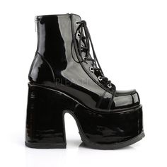 5" (127mm) Chunky Heel, 3" (75mm) Platform Lace-Up Ankle Boot, Metal Back Zipper Closure - Fit Guide: True to Size - Heel Specifications: 5" Heel - Country of Origin: Imported Leather Goth, Goth Platforms, Camel Boots, Alternative Shoes, Festival Shoes, Punk Boots, Black Chunky Heels, Ankle Boots Black, Lace Up Booties