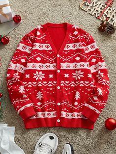 Men Christmas Pattern Knit Casual Loose Cardigan Long Sleeve Sweater, Suitable For Young People Red and White Casual  Long Sleeve Knitwear Christmas,Plants  Slight Stretch  Men Clothing, size features are:Bust: ,Length: ,Sleeve Length: Christmas Plants, Patchwork Cardigan, Cardigan Long Sleeve, Loose Cardigan, Cardigan Casual, Mens Cardigan, Áo Len Cardigan, Spring Summer Trends, Casual Cardigans