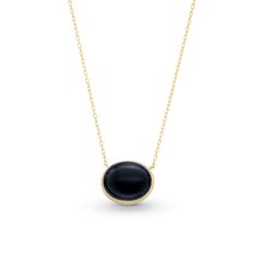 With sophisticated simplicity, this onyx solitaire necklace complements any attire with ease. Sterling silver with 18K gold plate The 13.0 x 11.0mm oval-shaped black onyx solitaire is set sideways at the center 16.0- to 18.0-inch adjustable cable chain necklace; spring-ring clasp Modern Yellow Gold Jewelry With Oval Cabochon, Modern Yellow Gold Oval Cabochon Jewelry, Classic Oval Cabochon Jewelry For Formal Occasions, Minimalist Oval Cabochon Jewelry, Modern Jewelry With Bezel Set Oval Cabochon, Modern Jewelry With Oval Cabochon Bezel Setting, Modern Oval Jewelry With Bezel Setting, Modern Oval Necklace With Polished Finish, Minimalist 14k Gold Jewelry With Cabochon