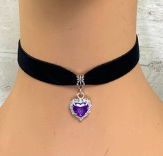 Black 16 mm Nylon Velvet Choker Necklace Purple Faceted Heart Shape Acrylic Jewel with clear rhinestones Pendant measures approx 20 x 20 mm Choker measures approx 33 cm (13 inches) with a 5 cm ( 2 inch) silver plated extender chain, clamps and lobster clasp. Can also make to any length if required just leave a message when paying as to the size you need Any questions please ask Thank you for looking Purple Necklaces, Purple Choker, Black Velvet Choker Necklace, Velvet Choker Necklaces, Black Velvet Choker, Gothic Victorian, Victorian Steampunk, Purple Necklace, Velvet Choker