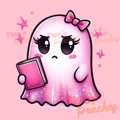 a pink ghost holding a book with stars around her neck and the caption two ponies peaches