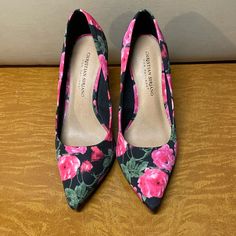 Christian Siriano Floral Heels. Size 7.5 Completely Covered In Fabric Including The Heel. Never Worn Outside - Only Tried On For Outfit Check And Decided On Something Else! Pink Roses And Sage Green Leaves Against Black. They Are A High Heel - See Photo For Measurement. Adds A Great Pop Of Color And Personality. Pink Floral Print Heels For Formal Occasions, Pink Pointed Toe Heels With Floral Print, Pink Floral Print Pointed Toe Heels, Black Floral Print Heels For Formal Occasions, Formal Black Heels With Floral Print, Silver Open Toe Heels, Sage Green Leaves, Red Suede Heels, Floral Heels