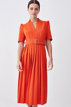 Petite Structured Crepe Forever Pleat Midi Dress Spring Mid-length Dress With Pleated Waist, V-neck Belted Midi Dress For Office, Tailored V-neck Spring Dress, Tailored V-neck Dress For Spring, Belted Midi Dress For Party, Spring Fitted Belted Dress With Pleated Waist, Spring Party Belted Dress With Short Sleeve, Fall Semi-formal A-line Midi Dress, Semi-formal Fall A-line Midi Dress