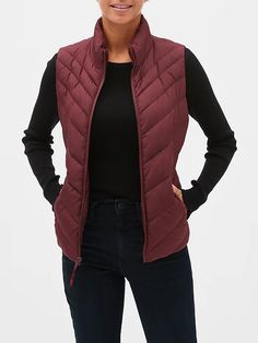 Puffer Vest | Gap Factory Versatile Sleeveless Vest For Winter, Sleeveless Workwear Vest With Zipper Closure, Sleeveless Outerwear With Zipper For Fall, Zipper Closure Sleeveless Vest For Work, Casual Sleeveless Outerwear With Padded Collar, Nylon Workwear Vest, Sleeveless Nylon Vest For Fall, Fitted Vest With Pockets For Cold Weather, Sleeveless Nylon Vest For Work