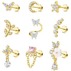 six different types of piercings with butterfly, flower and crystal stones in gold tone