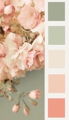 a bouquet of pink flowers sitting on top of a table next to a color swatch