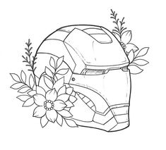 iron man helmet with flowers and leaves on the side, drawn in black and white