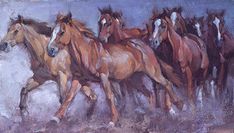 a painting of many horses running in the snow, with one horse looking at the camera