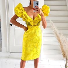 This Is A Show Stopper! Message Me For Exact Measurements If Interested. Summer Party Midi Dress With Puff Sleeves, Yellow Ruffled Dress For Night Out, Fitted Yellow Midi Dress With Ruffles, Yellow Fitted Midi Dress With Ruffles, Chic Yellow Dress For Party Season, Elegant Yellow Puff Sleeve Dress, Fitted Yellow Midi Dress For Party, Glamorous Fitted Midi Dress For Brunch, Spring Midi Dress With Ruffles For Dinner