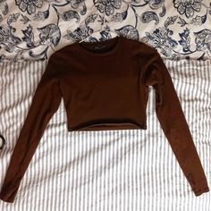 Almost Never Worn (Like New) Original Color Retained Brown Stretch Long Sleeve Top, Stretch Brown Long Sleeve Tops, Brown Crew Neck Crop Top For Fall, Brown Cropped Top For Fall, Long Sleeve Brown Crop Top For Spring, Brown Stretch Long Sleeve Crop Top, Trendy Brown Long Sleeve Top For Spring, Trendy Brown Long Sleeve Tops, Brown Stretch Long Sleeve Top For Spring