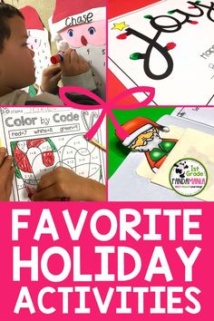 collage of favorite holiday activities for kids with text overlay that reads, favorite holiday activities