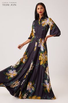 Color_Black Multi Chic Floor-length Floral Chiffon Dress, Luxury Long Sleeve Floral Print Chiffon Dress, Evening Floral Print Floor-length Chiffon Dress, Shirt Gown, Black Floral Print Floor-length Maxi Dress, Multicolor Floral Print Maxi Dress With 3/4 Sleeves, Chiffon Floral, Floral Print Chiffon, Effortless Beauty