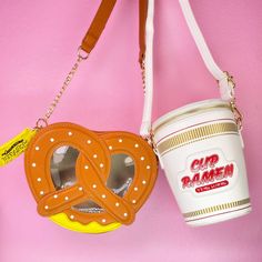 pretzel purse and cup of ramen purse Halloween Costumes Family, Pretzel Bags, Cup Ramen, Novelty Handbags, Novelty Purses, Soft Pretzel, Salt Crystal, Soft Pretzels, Clear Window