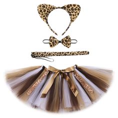 two pieces of animal print and tutu skirt with matching headbands, one in leopard print