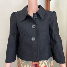 Willi Smith Black Wool Cropped Bell Sleeve Jacket Details- Crop Length Bell Sleeves 3/4 Length 3 Button Front Size Medium Pit To Pit 19"" Shoulder To Hem 19" Style U502l 50% Wool 30% Rayon 20% Polyester 100% Polyester Lining This Jacket Is Super Cute And Can Be Dressed Up Or Down! Sku0r13 D203 Dressy, Career, Coat / Blazer, Light Blazer, Animal Print Blazer, Jacket Details, Willi Smith, Short Sleeve Jacket, Purple Jacket, Corduroy Blazer, Black Tweed, Fall Coat