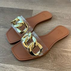 Brand New Zara Sandal Never Been Worn Size 7 1/2 Vacation Sandals With Chain Strap And Round Toe, Vacation Sandals With Chain Strap, Chic Sandals With Chain Strap For Vacation, Chic Vacation Sandals With Chain Strap, Trendy Beach Sandals With Chain Strap, Chic Brown Sandals For Beach Season, Summer Sandals With Chain Strap And Open Toe, Flat Sandals With Chain Strap For Beach, Summer Vacation Sandals With Chain Strap