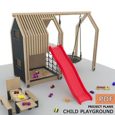 a wooden play set with a red slide and some toys on the ground next to it