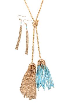 Double Down Tassel Necklace Blue Bohemian Tassel Earrings, Blue Tassel Necklace For Gift, Bohemian Blue Fringe Tassel Earrings, Gold Tassel Necklace With Fringe For Gift, Blue Bohemian Tassel Necklace For Gift, Elegant Blue Fringe Jewelry, Blue Dangle Tassel Earrings With Fringe, Adjustable Blue Tassel Earrings For Parties, Adjustable Blue Bohemian Tassel Necklace