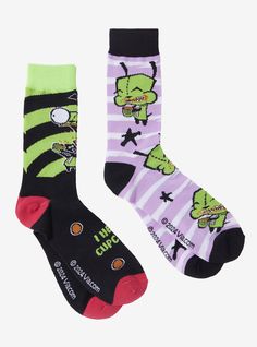 Going on a snack run? Make sure to bring GIR along! These sweet crew socks from Invader Zim each have GIR nomming on his favorite foods and a striped background. Scene Socks, Invader Zim Gir, Zim Gir, Cutesy Outfit, Bday List, Scene Kids, Sock Packs, Invader Zim, Emo Goth