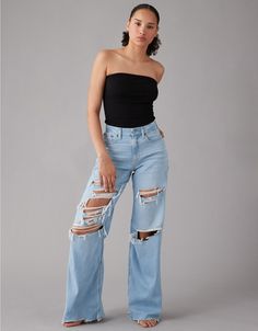 AE Dreamy Drape Stretch Curvy Super High-Waisted Ripped Baggy Wide-Leg Jean Ae Jeans Outfit, Wide Leg Jeans Outfit Plus Size, Super Ripped Jeans, Baggy Ripped Jeans, Wide Leg Jeans Outfit, High Waist Wide Leg Jeans, White Jeans Men, Athletic Fit Jeans, Graphic Tee Dress