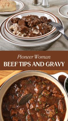 beef tips and gravy in a white bowl on a wooden table with bread