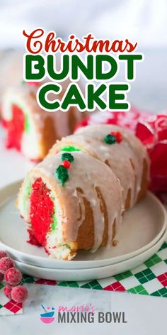 A perfect Christmas dessert idea! It's a sweet treat to make at home using a white cake mix. With swirls of red and green plus a simple glaze, this easy Christmas Bundt Cake is festive and delicious! Save this holiday baking recipe and enjoy this Christmas cake! Green And White Cake, Christmas Bundt Cake, Perfect Christmas Dessert, Holiday Baking Recipes, Christmas Treat Bags, Baking Recipe, Christmas Dessert, White Cake Mixes, White Cake