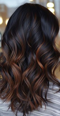 Ombre Brown Highlights, Fall Inspired Balayage, Black And Brown Balayage Hair, Dark Copper Balayage On Black Hair, Copper Balayage Brunette Medium, Chocolate Highlights On Dark Hair Straight, Honey Balayage Dark Roots, Brown On Black Hair Balayage, Tigers Eye Hair Color