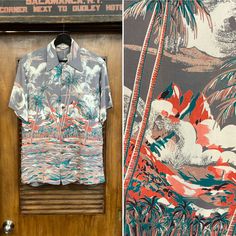 Vintage 1940's Duke Style Border Print Tiki Cartoon Rayon Hawaiian Shirt. No Size Tag. Please check the measurements below.  Very good condition. The label is  "Aupuni".  Original 1940's.  Loop collar Hawaiian shirt with tropical coat border print.  Original coconut buttons. All Sales Final.   Please ask any questions before purchase.   Take a look at our Store for more Vintage Clothing - VintageOnHollywood.com MEASUREMENTS  Shoulder to Shoulder: 18" Underarm to Underarm: 21" Outer Sleeve Length Vintage Hawaiian Shirt For Beach With Relaxed Fit, Vintage Hawaiian Shirt For Beach In Relaxed Fit, Vintage Hawaiian Shirt For Beach, Relaxed Fit, Vintage Printed Camp Shirt For Vacation, Vintage Print Shirt For Vacation, Vintage Beach Camp Shirt With Relaxed Fit, Vintage Camp Shirt For Beach In Relaxed Fit, Vintage Camp Collar Top For Vacation, Vintage Beach Shirt With Vintage Print