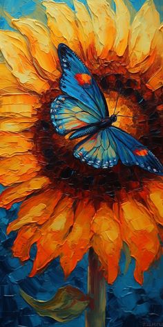 a painting of a blue butterfly on a sunflower