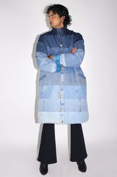 THE LONG GRADIENT DENIM PUFFER - Men's Coats - DENIMCRATIC Medium Wash Cotton Outerwear With Patchwork, Cotton Patchwork Outerwear In Medium Wash, Blue Recycled Denim Patchwork Outerwear, Blue Recycled Denim Outerwear With Patchwork, Blue Patchwork Outerwear In Recycled Denim, Winter Patchwork Denim Jacket In Recycled Denim, Denim Blue Patchwork Outerwear In Recycled Denim, Denim Blue Patchwork Outerwear From Recycled Denim, Patchwork Denim Blue Outerwear In Recycled Denim