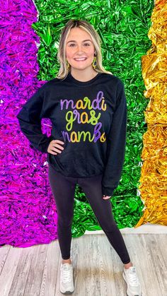 Mardi Gras Mambo Faux Embroidered Sweatshirt Trendy Winter Tops With Letter Embroidery, Trendy Letter Embroidered Sweater For Winter, Trendy Long Sleeve Sweater With Letter Embroidery, Trendy Long Sleeve Top With Embroidered Graphics, Trendy Letter Embroidery Sweater For Winter, Trendy Embroidered Graphics Tops For Fall, Trendy Long Sleeve Sweatshirt With Letter Embroidery, Trendy Embroidered Winter Tops, Trendy Embroidered Logo Sweater For Fall