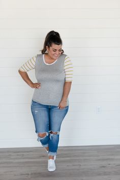 Baseball Tee - Grey & Mustard #tops #tshirt #fashion #ad #plussize Distressed Boyfriend Jeans, Baseball Tee, Leather Sneakers