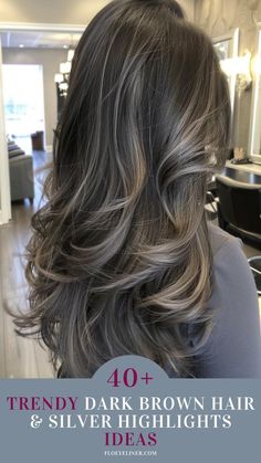 Brunette Hair Blending Grey, Ash Highlights In Dark Hair, Hide Grays With Highlights, Hiding Grey In Dark Brown Hair, Brown With Grey Balayage, Dark Brown Hair Gray Coverage, Brown Hair With Different Colors, Blending Dark Hair With Grey, How To Blend Gray Hair Dark Brown