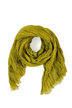 A soft lightweight See Design cotton scarf on a white background. Lightweight Cotton Casual Scarves, Trendy Cotton Scarves For Summer, Trendy Cotton Scarf For Summer, Lightweight Cotton Casual Scarf, Trendy Cotton Summer Scarves, Trendy Summer Cotton Scarves, Casual Lightweight Cotton Scarves, Casual Yellow Scarf For Spring, Casual Yellow Summer Scarves